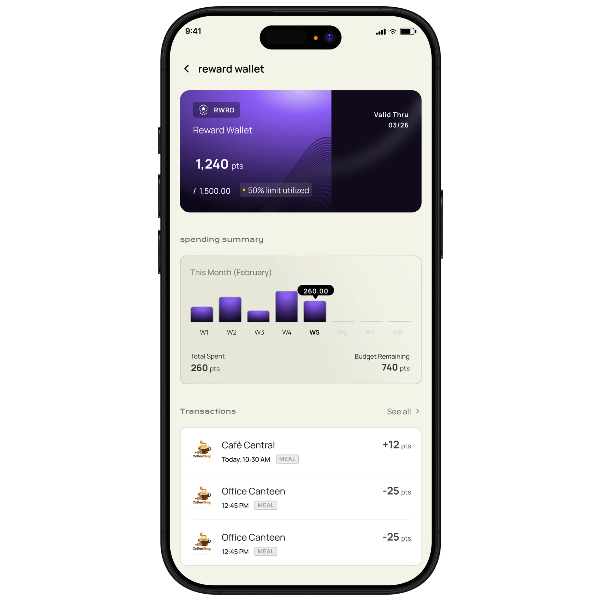 CorpCash Employee Super App showing reward wallet balance, spending summary and recent transactions